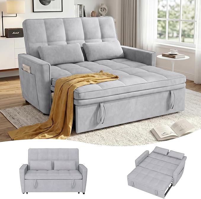 54'' Sleeper Sofa Bed, Convertible Pull Out Couch Futon for for Living Room,Apartment (Ashgrey, Loveseat) Side Pockets, Velvet Fabric, Adjustable Backrest, Pull-Out Bed, Easy Assembly