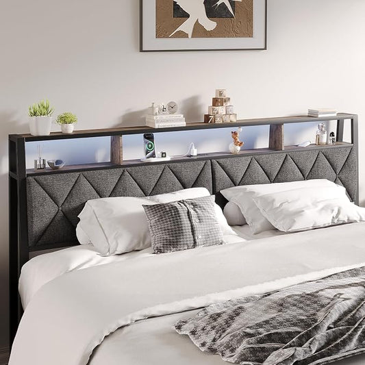 Queen Headboard Only, Headboard for Queen Size Bed with Storage, Upholstered Headboards with LED Lights & Charging Station, Attach Frame, Ideal for Bedroom/Dorm/Guest Room, Dark Grey & Brown