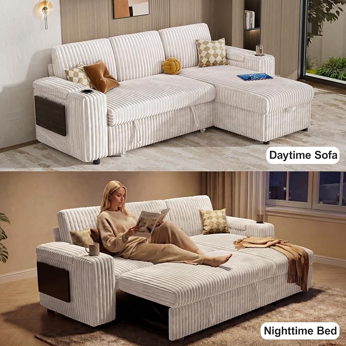 WEUP 86" Modular Sectional Sleeper Sofa with Pull Out Bed, 3 Seat Plush Corduroy L Shaped Couch with USB Ports|Cup Holders|Side Table|Storage Chaise Armrests, Tool Free Assembly, Beige