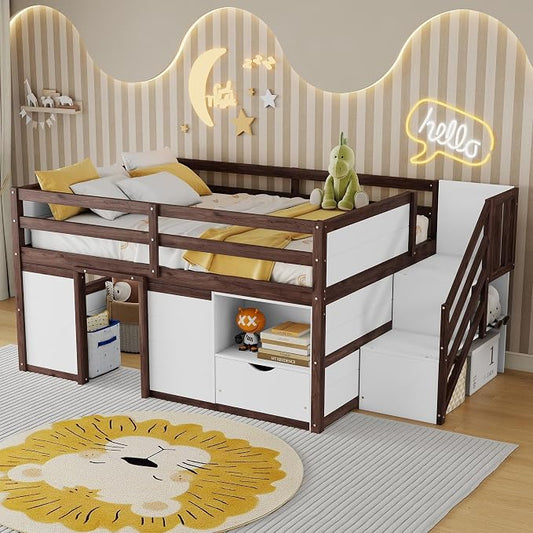 Bellemave Full Size Low loft Bed for Kids,Wood Loft Beds,Modern Farmhouse Full loft Bed,Loft Bed with Desk and Storage, No Box Spring Needed,for Kids, White + Walnut