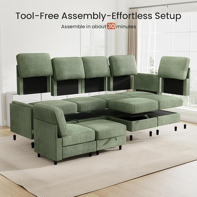 KKL Modular 8 Seater 108 Inch Sofa Bed - 2 * 4 Sectional Sleeper Sofabed with Storage Ottoman, Convertible L/U Shaped Sleeper Couch for Living Room, Modern Reversible Design, Green
