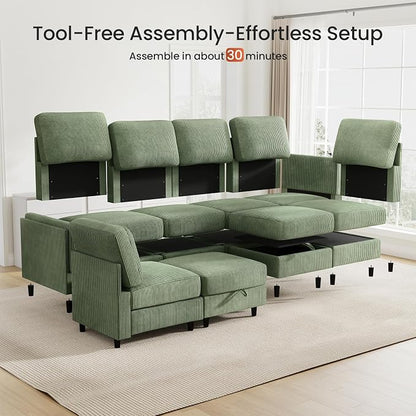 KKL Modular 8 Seater 108 Inch Sofa Bed - 2 * 4 Sectional Sleeper Sofabed with Storage Ottoman, Convertible L/U Shaped Sleeper Couch for Living Room, Modern Reversible Design, Green