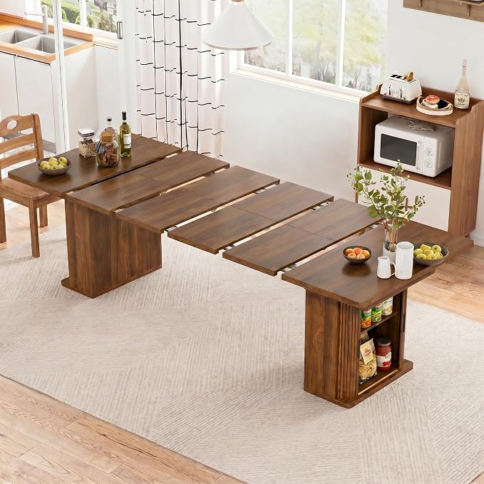 39-94 inch Extendable Dining Room Table for 4-10, Rectangle Expandable Long Kitchen Table with Double Tier Storage, Fluted Sliding Doors, Modern Square Dinner Table, Living Room, Farmhouse, Walnut
