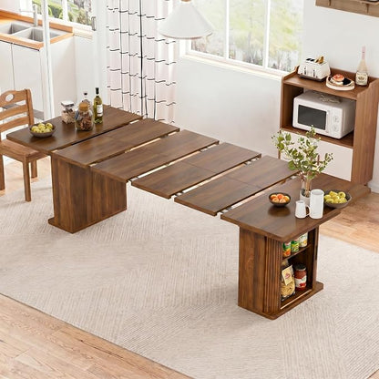 39-94 inch Extendable Dining Room Table for 4-10, Rectangle Expandable Long Kitchen Table with Double Tier Storage, Fluted Sliding Doors, Modern Square Dinner Table, Living Room, Farmhouse, Walnut
