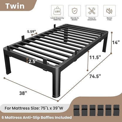 MAF 14 Inch Twin Metal Platform Bed Frame with Anti-Collision Round Legs, Black 3500 Lbs Heavy Duty Bed Frame Steel Slats Support, No Box Spring Needed, Easy Assembly
