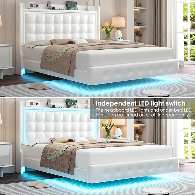 Keyluv Queen Floating Bed Frame with Storage Headboard, LED Lights & Charging Station Platform Bed, Soft Upholstered PU Leather, USB/Type-C Ports, Easy Assembly, White