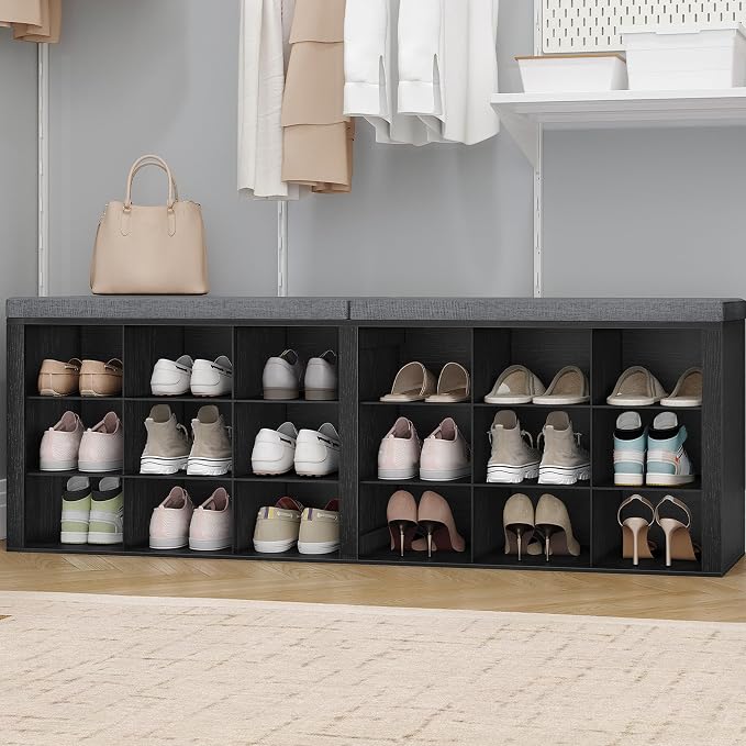 Hzuaneri Shoe Storage Bench with Cushion, Entryway Storage Bench with 18 Cubbies, 9.5" Widened Organizer Cabinet, Long Cubby Rack for Living Room, Bedroom, Entryway, Black SB25704GY