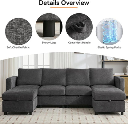 WUTUTUEE 83”Modular Convertible L Shaped Couch Set for Living Room, Modern 4 Seat Storage Modular Couch with Movable Ottoman, Chenille(Dark Grey)