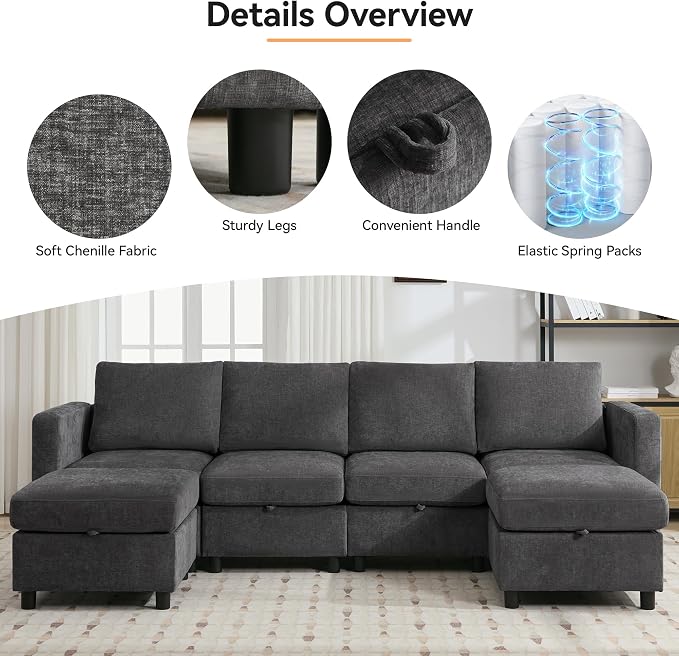 WUTUTUEE 58”Modular Sectional Loveseat Sofa with Storage, Comfy Office L Shaped Sofa Couch, Chenille Love Seat Modular Sectional Couch with Movable Ottoman for Living Room, Bedroom, Dark Grey