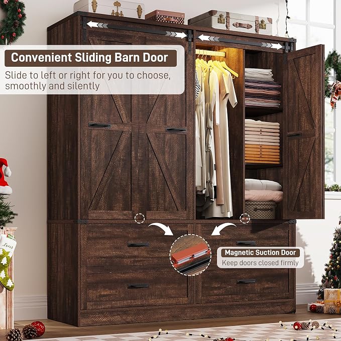 Farmhouse 4 Doors Armoire Wardrobe Closet w/Folding Sliding Barn Door and Lights, LED Armoire Closet w/Drawers for Bedroom, Freestanding Wooden Wardrobe Storage Closets w/Hanging Rod,Rustic Brown