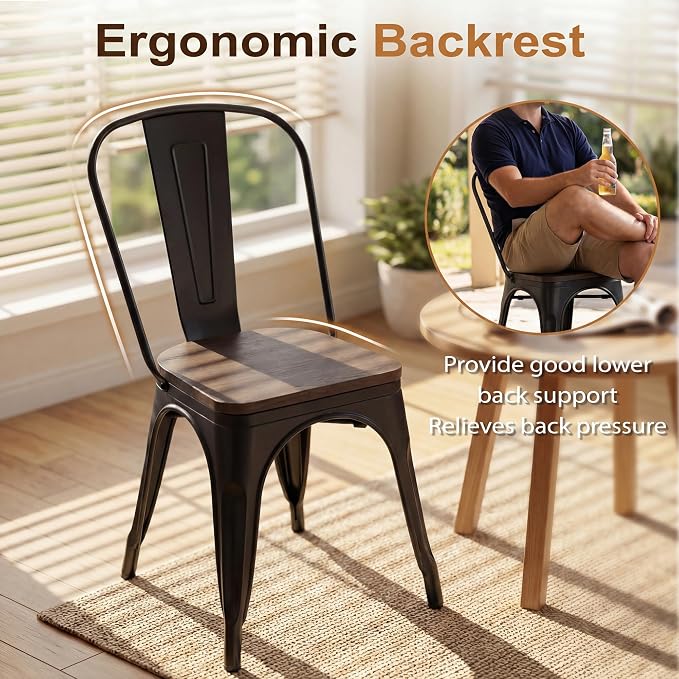 JUMMICO Metal Dining Chair Stackable Industrial Vintage Kitchen Chairs Indoor-Outdoor Bistro Cafe Side Chairs with Back and Wooden Seat Set of 4 (Black)