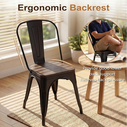 JUMMICO Metal Dining Chair Stackable Industrial Vintage Kitchen Chairs Indoor-Outdoor Bistro Cafe Side Chairs with Back and Wooden Seat Set of 4 (Black)