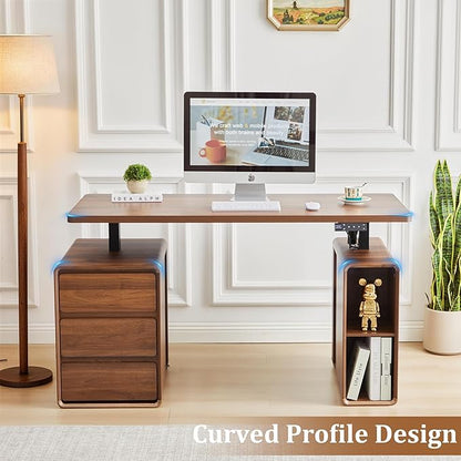 Electric Standing Desk with Drawers, 55" Office Desk Height Adjustable Executive Desk with Storage Shelves, Simple Setup Wood Desk Home Office Stand up Desk for Work, Study, Writing, Walnut