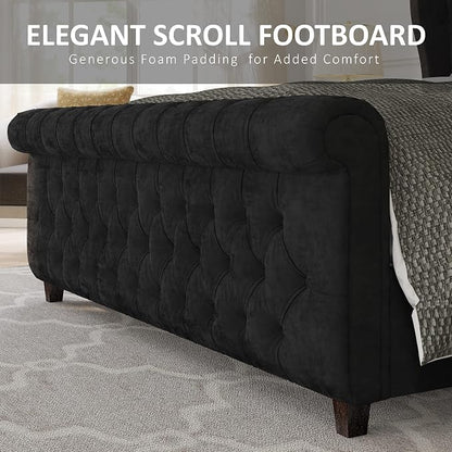 AMERLIFE Queen Size Platform Bed Frame, Velvet Upholstered Sleigh Bed with Scroll Wingback Headboard Footboard/Button Tufted/No Box Spring Required/Easy Assembly/Black
