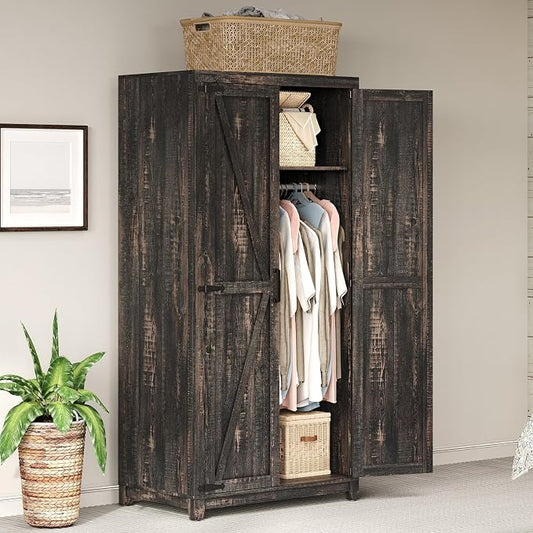 AMERLIFE Farmhouse Armoire Wardrobe Closet with 2 Barn Doors, 71'' Storage Cabinet with Hanging Rod & Shelf, Versatile Clothing Storage for Bedroom, Black Oak