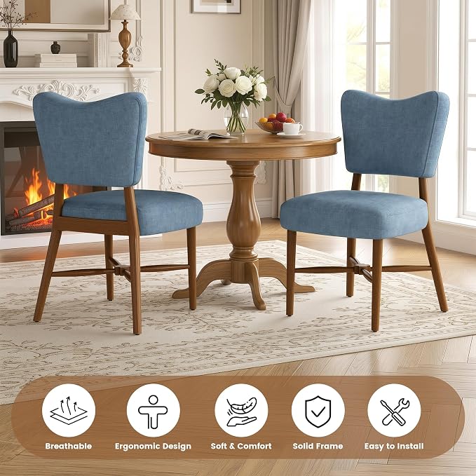 Farmhouse Dining Chairs Set of 2, Linen Seat, Wood Legs, Blue | Mid Century Modern, Upholstered Padded Cushion, Solid Wood Cross-Brace, Easy 15-Min Assembly, Kitchen Dining Room