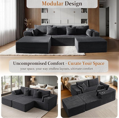 108" Oversized Cloud Sectional Couch, Comfort U Shaped Boneless Couch for Living Room, Extra Deep Seats No Assembly, Modular Sofa, Corduroy (Dark Grey, 2 Seater + Left Facing Chaise + Ottoman)