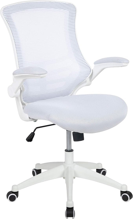 Flash Furniture Kelista Mid-Back Swivel Office Chair with Adjustable Lumbar Support and Seat Height, Ergonomic Mesh Desk Chair with Flip-Up Armrests, White