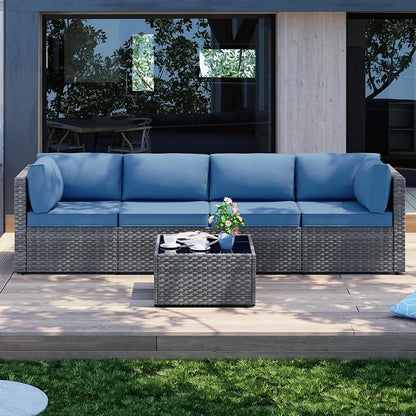 Patio Furniture Sets, 5 Piece Outdoor Sectional Sofas, Wicker Rattan Outdoor Furniture Patio Conversation Set, All-Weather PE Rattan Outdoor Couch for Backyard, Garden, Gray & Aegean Blue