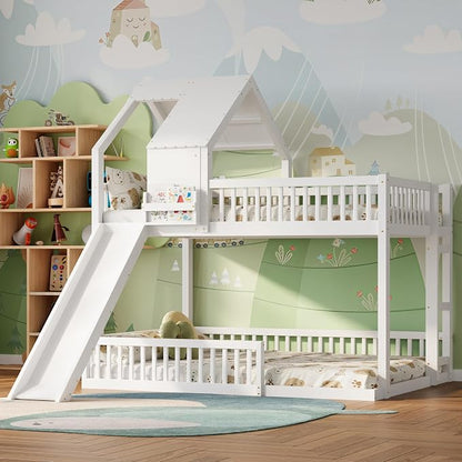SOFTSEA House Bunk Bed with Slide, Full XL Over Queen Wood Floor Bunk Bed Frame with Roof, Guardrails and Ladder, Space-Saving, White