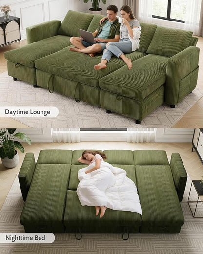 WEUP 106" U Shaped Sectional Sleeper Sofa Bed with Pull Out Bed, Sectional Sleeper Couch Pull Out Couch with Reclining Backrest/Reversible Storage Chaise/USB Ports/Tool-Free Assembly, Corduroy Green