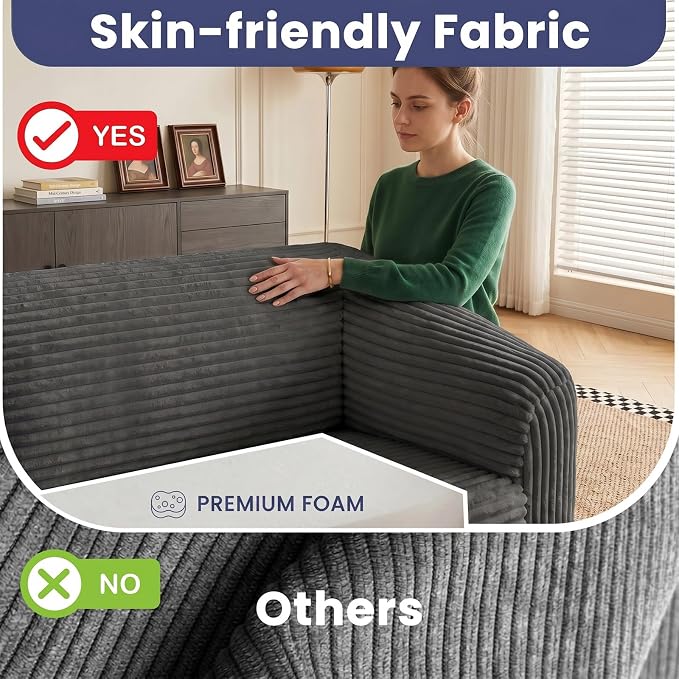 JUIKURY Convertible Sofa Bed, 3-in-1 Foldable Loveseat Couch with Armrest, Corduroy Floor Sofa & Sleeper Bed, No Assembly High-Density Foam Futon Mattress for Living Room, Small Apartment, Dorm