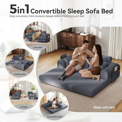 Upgrade High Backrest Design Sofa Bed with Fixed-Shape Frame & Removable Armrests and Backrest, Corduroy Fabric, Convertible Couch for Small Spaces - No Assembly Needed (Dark Gray)