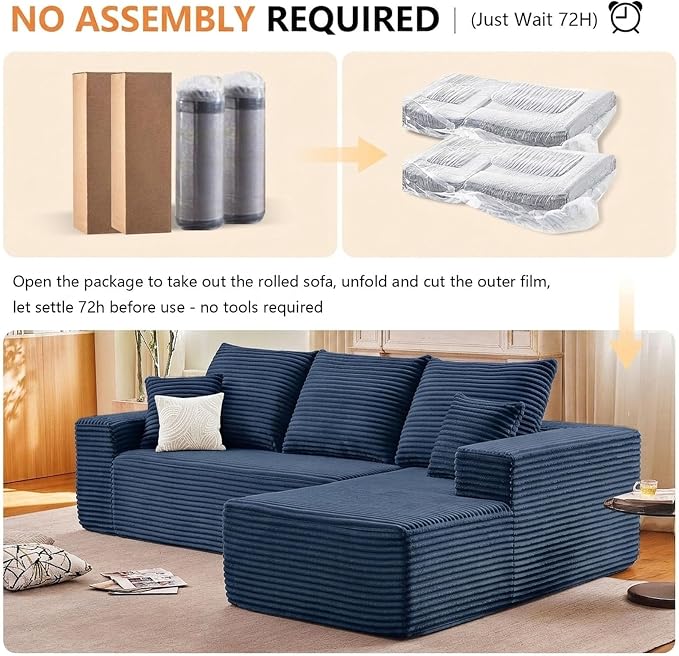 Sectional Couches for Living Room Cloud Couch Sofa with L-Shape Couch in a Box Upholstered Boneless Couchs Modern Modular Sectional Couch with Chaise (Blue,B-3 Seater-Right-Facing Chaise-96 inch)