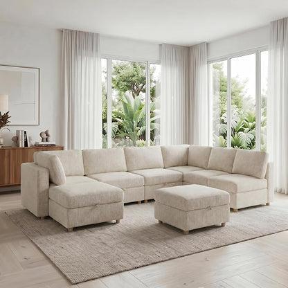 ERYE 132-Inch Oversized U Shaped Sectional Sofa 8 Seat Modular Storage Sofa Couch W/Deep Seat,Skin Friendly Plush Chenille Upholstered Corner Convertible Sectional W/Movable Ottoman