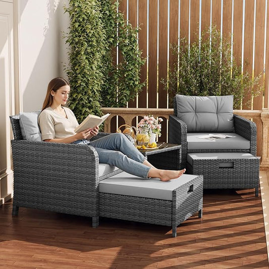 LHBcraft Outdoor Furniture 5 Piece Patio Conversation Set, PE Rattan Patio Set with Soft Cushions & Coffee Table, Outside Furniture with Hidden Ottoman for Porch, Lawn, Garden, Balcony, Grey