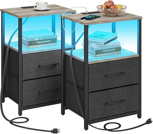 TUTOTAK LED End Table with Charging Station, Nightstand with Cloth Drawer, Side Table with 1 USB Port and 1 Type-C Port, Set of 2, Couch Table, Greige TB01BG052L