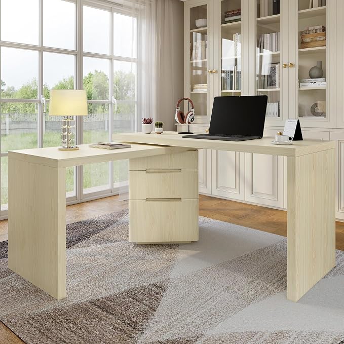 90” Modern L-Shaped Desk with 3 Drawers, 360° Wood Rotating Desk, Workstation for Home Office, Living Room, Natural Wood