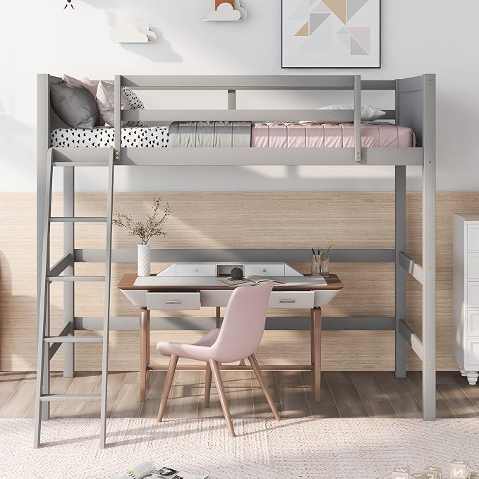 Ball & Cast Solid Wood Twin Size Loft Bed,Loftkbed w/Ladder and Full-Length Guardrails,Slat Support,No Box Spring Needed,Space Saving,Slat Support,Bedframe for Child's Bedroom,Gray