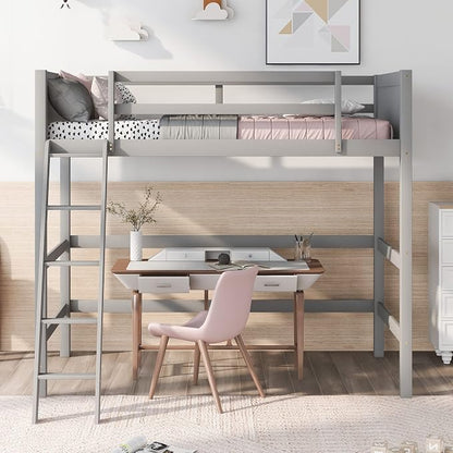 Ball & Cast Solid Wood Twin Size Loft Bed,Loftkbed w/Ladder and Full-Length Guardrails,Slat Support,No Box Spring Needed,Space Saving,Slat Support,Bedframe for Child's Bedroom,Gray