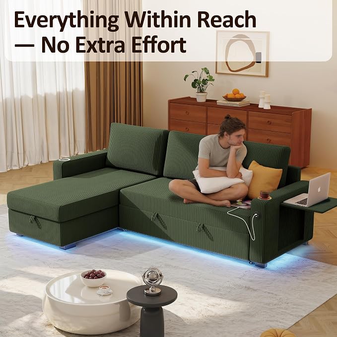 Ball & Cast 80" Sectional Sleeper Sofa Bed Pull Out Couches for Living Room | L Shaped Convertible Pull Out Sofa Bed with Storage Chaise, LED Lights, Foldable Table, USB Ports, Cup Holder and Side Pocket