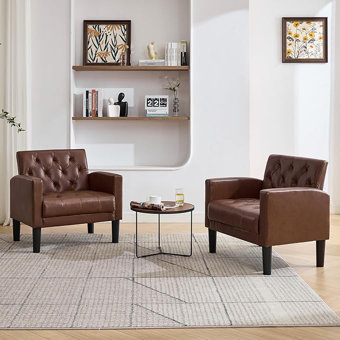 TYBOATLE Accent Chairs Set of 2, Comfy Living Room Chair Leather Tufted Mid Century Modern Accent Chair, Small Cozy Reading Arm Chair for Office, Bedroom