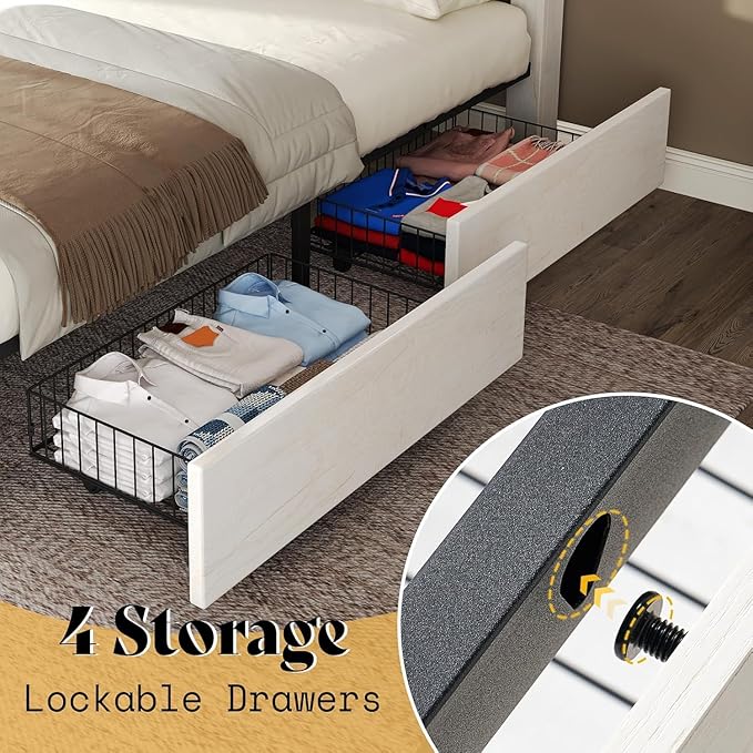 AMERLIFE 3 Piece Bedroom Set, Including Farmhouse Queen Size Bed Frame with 4 Drawers, Nightstands Set of 2 with Charging Station for Bedroom, White
