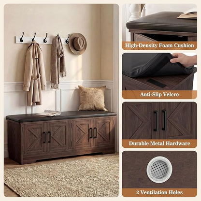 Farmhouse Shoe Storage Bench with Cushion - 43.3" Entryway Bench with Storage & 4 Barn Doors, 2-Tier Wooden Shoe Rack Bench, Shoe Cabinet & Mudroom Bench for Bedroom Hallway Living Room, Black Walnut