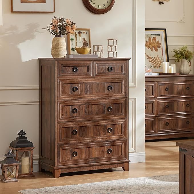 Joaxswe Farmhouse 6 Drawer Dresser for Bedroom, 41" Tall Small Dressers & Chest of Drawers, Rustic Wood Dresser with Metal Handle, Storage Organizer Closet for Living Room, Hallway, Entryway