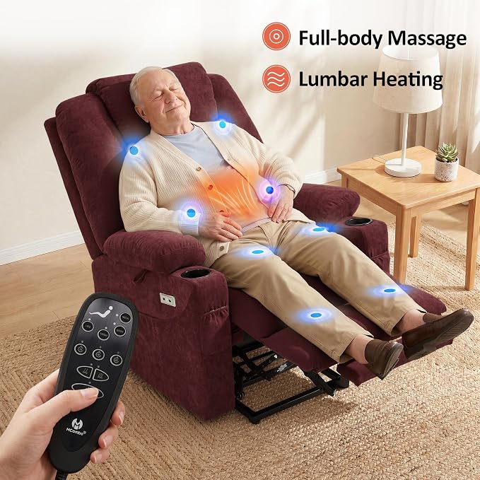 MCombo Power Lift Recliner Chair for Elderly R7510(Sangria, Large-Wide) | Oversized for Big and Tall, Heat and Massage, USB& Type C Charging Port, FSC Certified