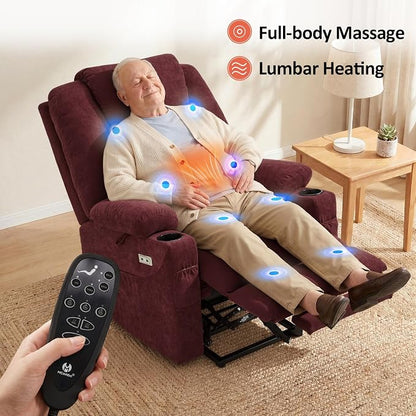 MCombo Power Lift Recliner Chair for Elderly R7510(Sangria, Large-Wide) | Oversized for Big and Tall, Heat and Massage, USB& Type C Charging Port, FSC Certified