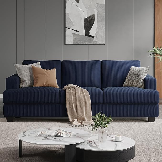 COPIAE 89 Inch Sofa with Extra Deep Seats Oversize, 3 Seater Sofa for Living Room, Modern Couch and Sofa, Comfy Armrests and Seats and Backrests, Easy Installation, Corduroy Fabric Blue