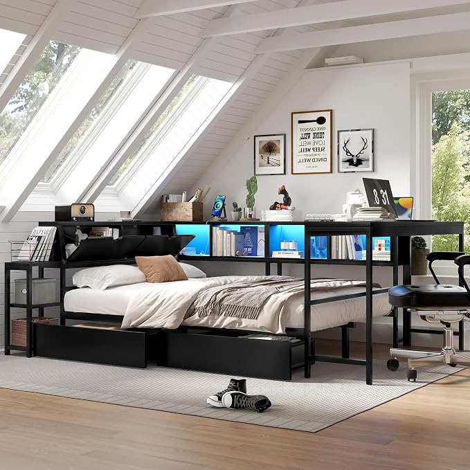 Bellemave Twin Corner Bed Frame with Desk and Storage, Twin Size cornner Bed with Charging Station and LED Light, Wood Daybeds with L-Shaped Bookcase, Black