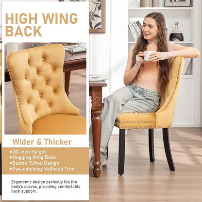 Mid Century Modern Dining Chair Set of 6 Velvet Upholstered Dining Accent Chair Farmhouse Dining Chairs with High Back and Nailhead Trim for Kitchen, Living Room, Bedroom (Gold)