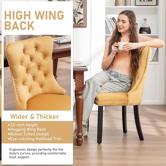 Mid Century Modern Dining Chair Set of 2 Velvet Upholstered Dining Accent Chair Farmhouse Dining Chairs with High Back and Nailhead Trim for Kitchen, Living Room, Bedroom (Gold)