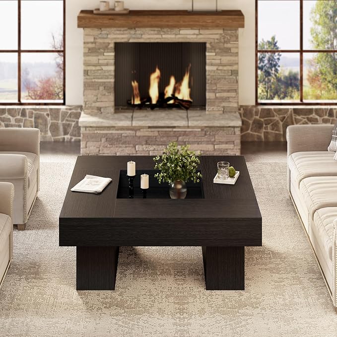 LVB Black Coffee Table, Modern Wood Led Living Room Table with Storage, Unique Large Wide Square Center Table with LED Light, Contemporary Low Tea Table for Bedroom Home Office, 39.37 Inch, Black Oak