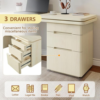 90” Modern L-Shaped Desk with 3 Drawers, 360° Wood Rotating Desk, Workstation for Home Office, Living Room, Natural Wood