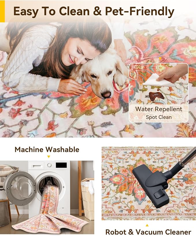 RELEANY Area Rugs Runner 2'x8' Washable Non-Slip, Floral Vintage Distress Medallion Carpet for Kitchen Hallway Bedroom Beside Laundry Room Bathroom, Light Pink Colorful