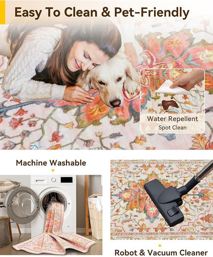 RELEANY Area Rugs 3'x4' Washable Non-Slip, Floral Vintage Distress Medallion Carpet for Living Room Bedroom Dining Room, Light Pink Colorful