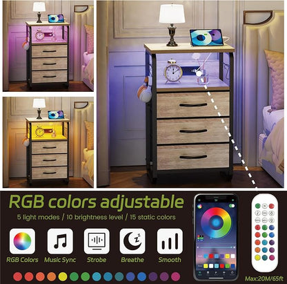 runjuly Bed Side Table with 3 Fabric Drawers, Night Stand with Charging Station, LED Nightstand with Hooks, Bedside Table End Tables with Storage, Night Tables for Bedroom (Beige)